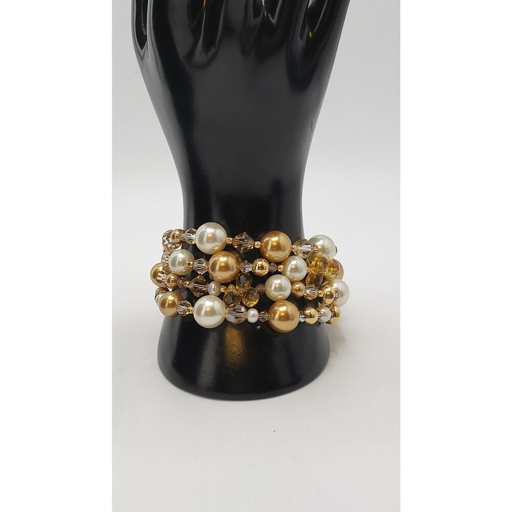 Vintage Gold Pearl Crystal Multi Strand Bracelet 8.5in